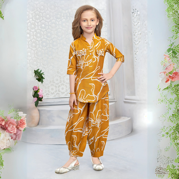 Girls Mustard Stylish Kurti Set  with 3/4 Sleeve