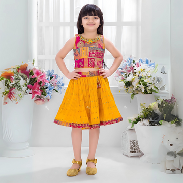 Girls Mustard and Pink Ethnic Wear  Skirt Top Set
