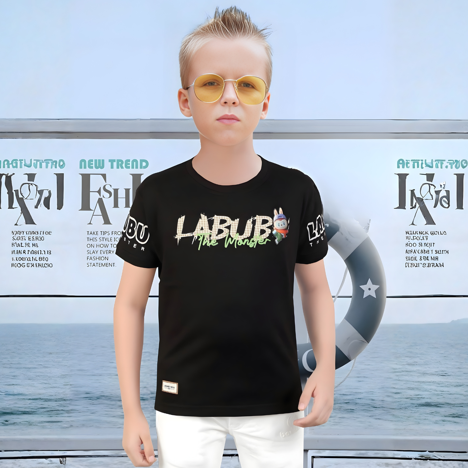 Boys Black Round Neck Half Sleeve T-Shirt