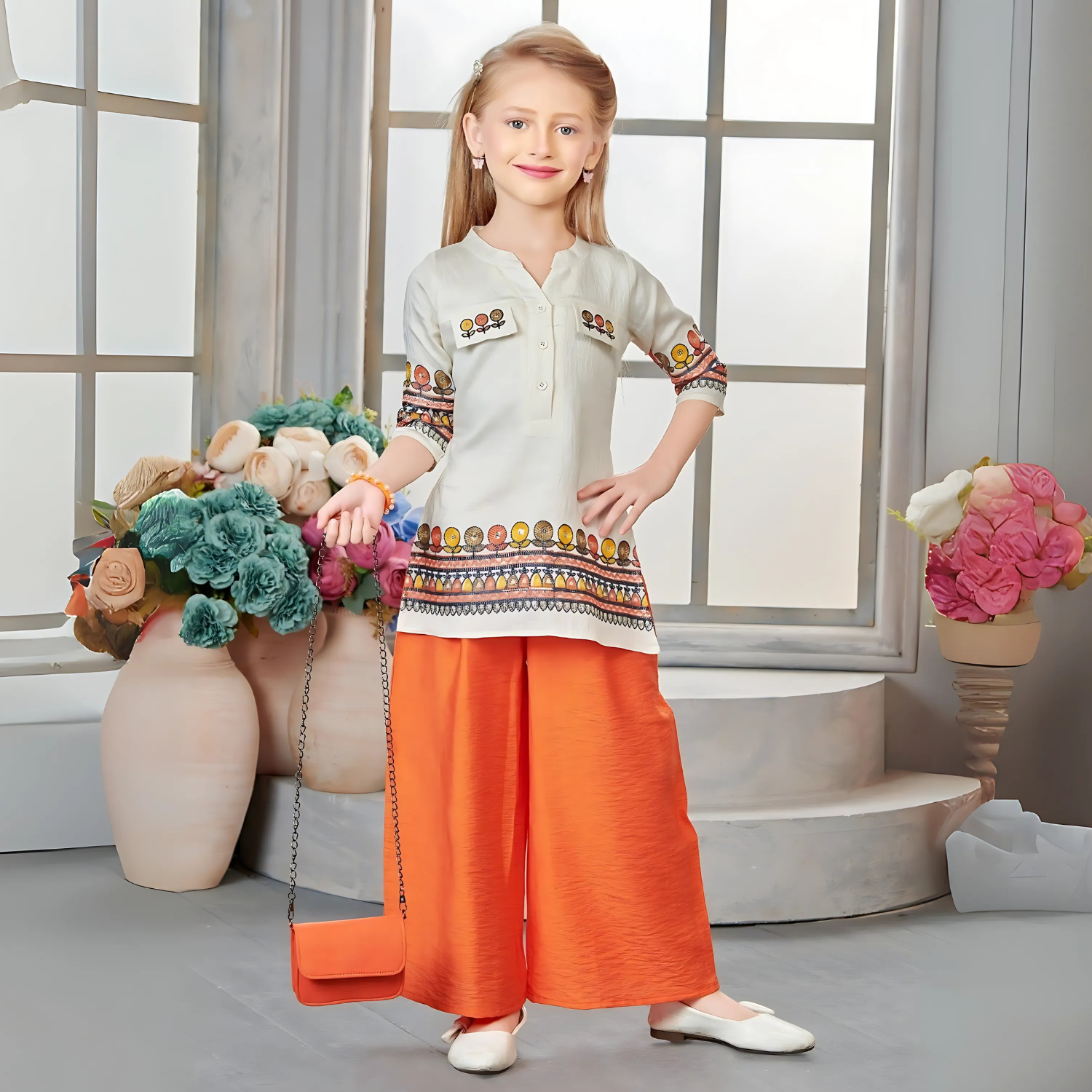 Orange Embroidered Work Palazzo Set With Sling Bag