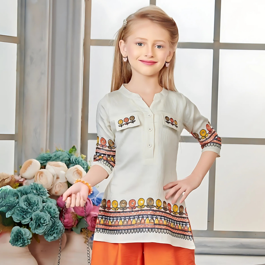 Orange Embroidered Work Palazzo Set With Sling Bag