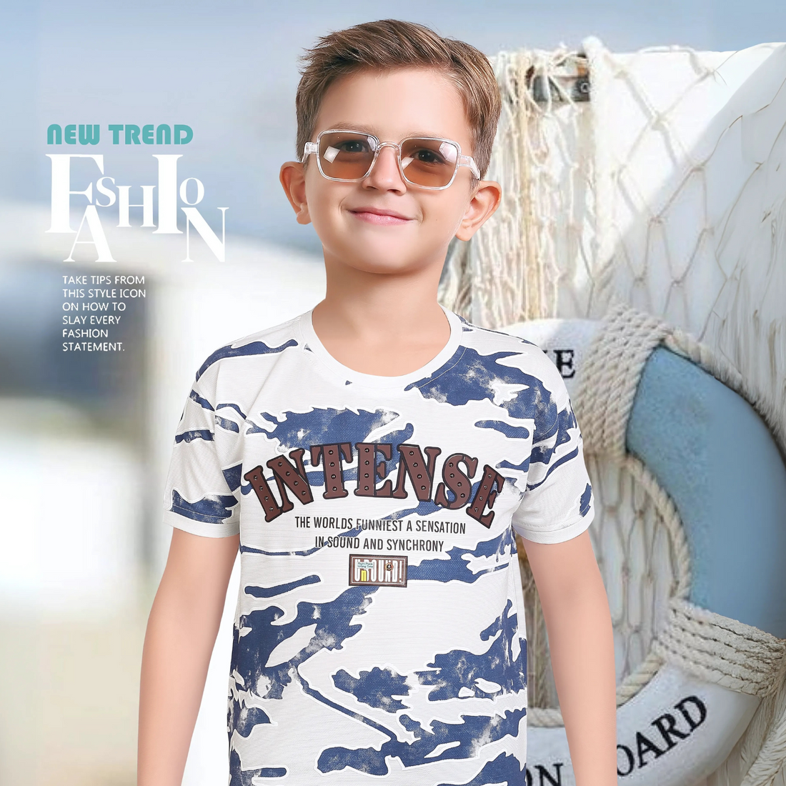 Boys Blue Printed Round Neck Half Sleeve T-Shirt
