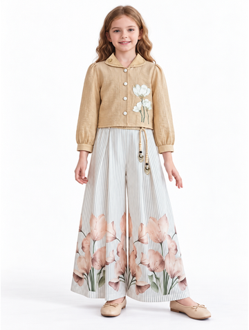 Girls Fawn Floral Top and Tulip Print Palazzo Pants Set