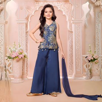 Blue Sequins work Peplum Style Palazzo Suit Set For Girls