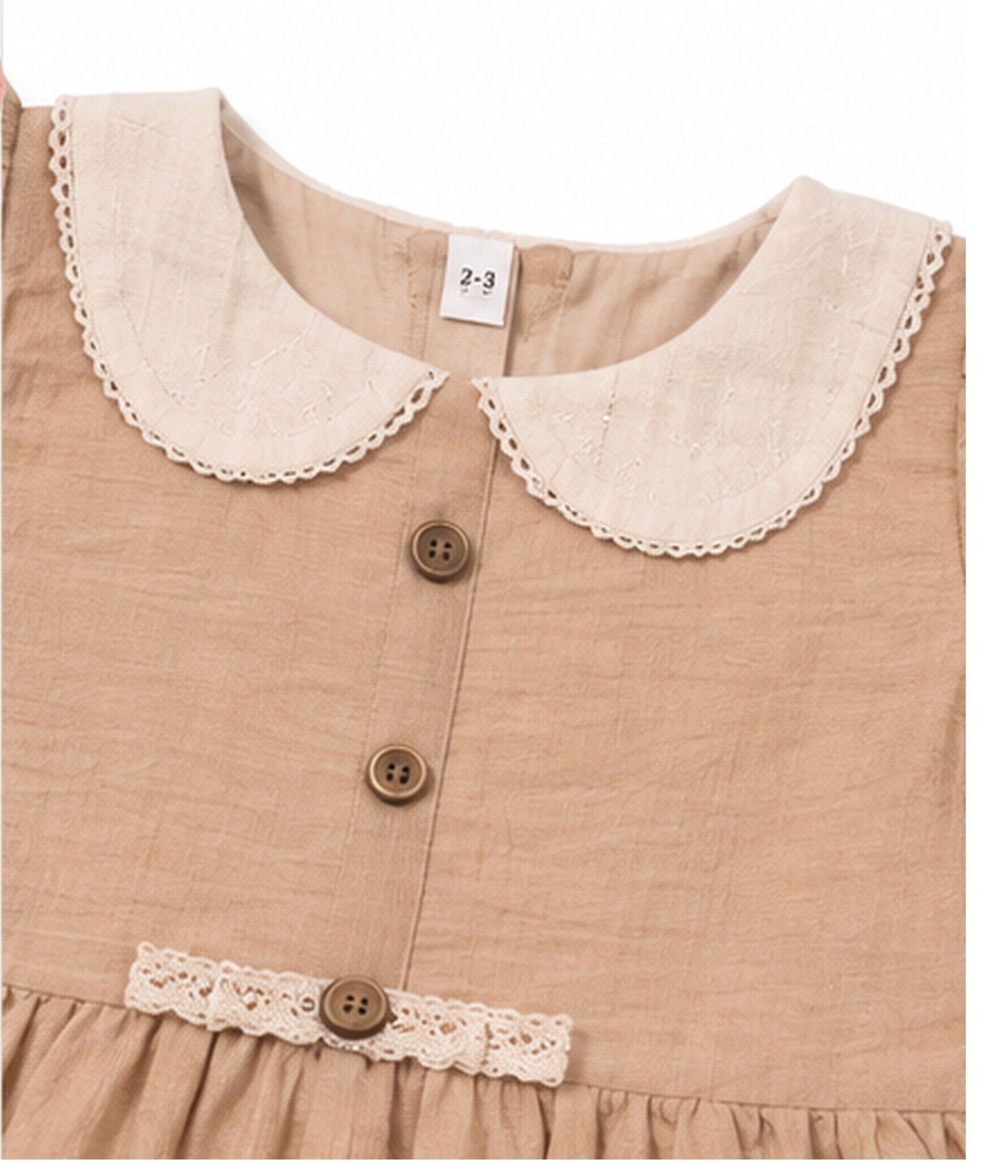 Peter Pan collar and button detail on girls fawn frock