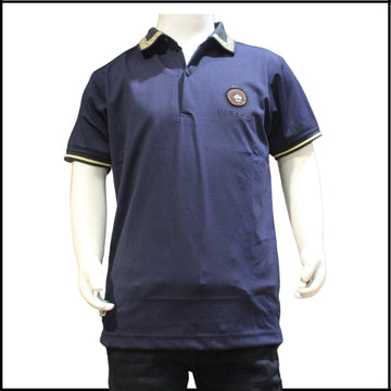 Plain Navy Cotton T-Shirt with Collar Neck