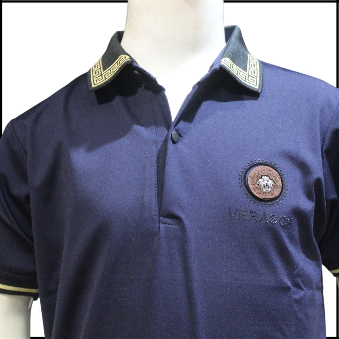 Plain Navy Cotton T-Shirt with Collar Neck