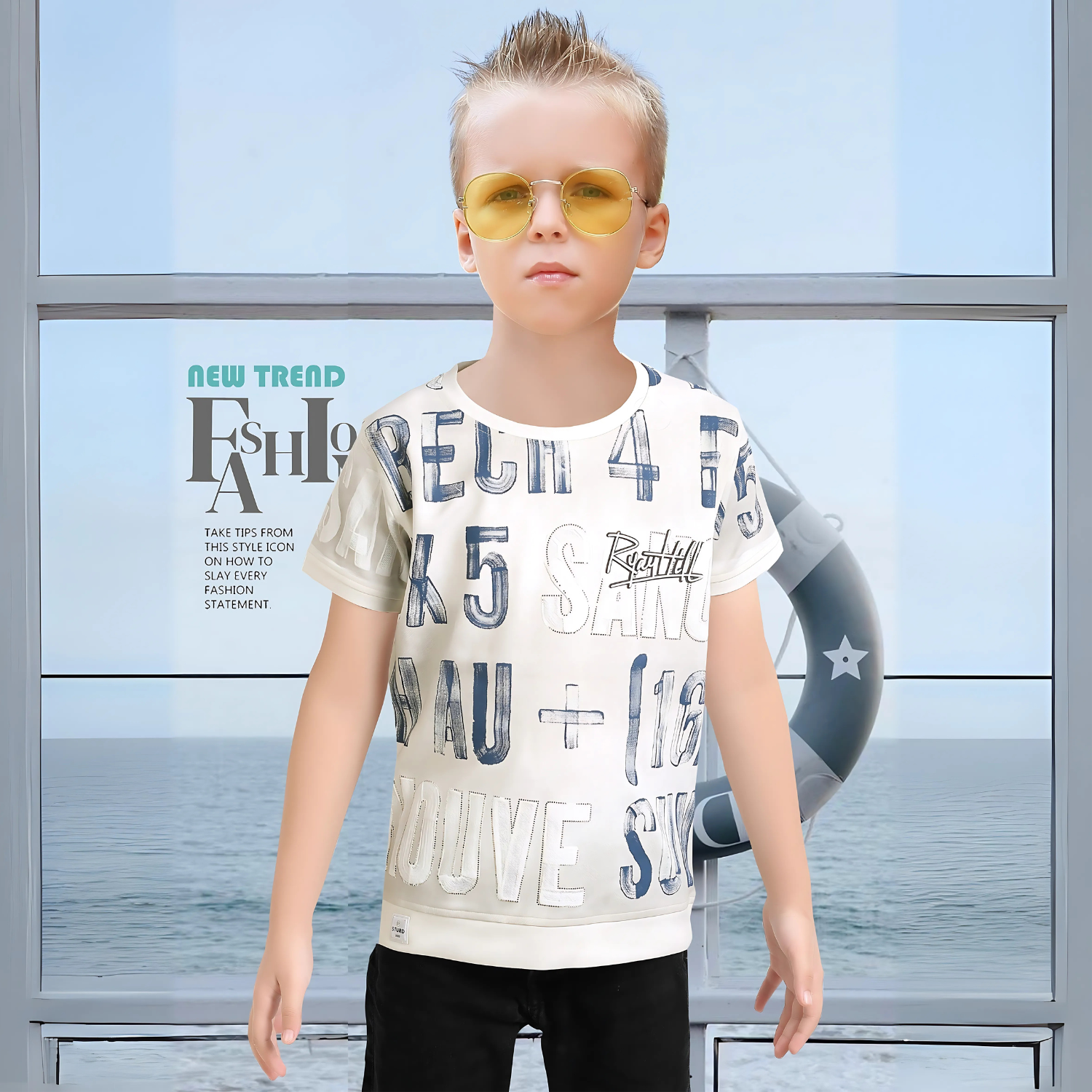 Boys Cream Printed Regular Fit T-Shirt
