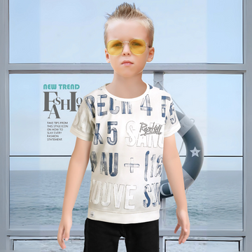 Boys Cream Printed Regular Fit T-Shirt