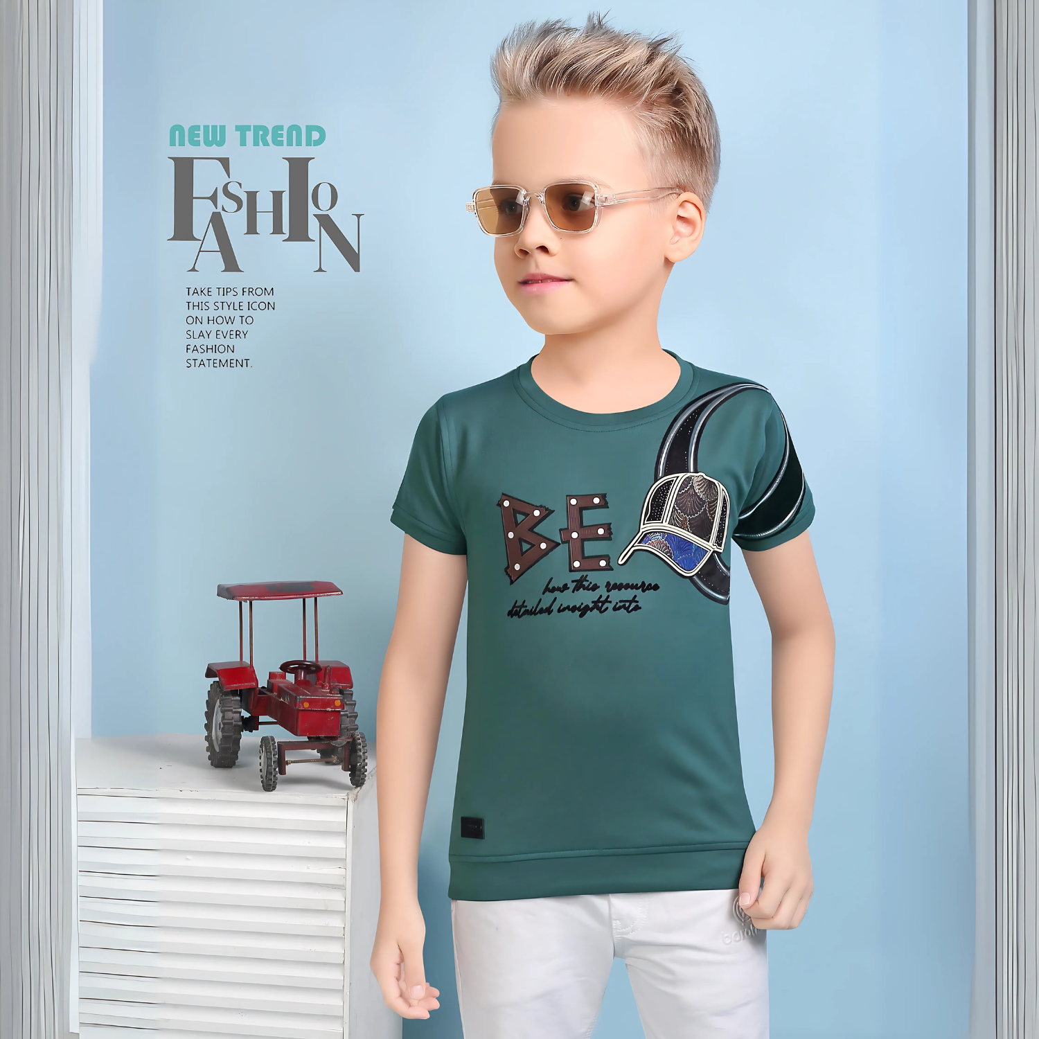 Boys Green Round Neck Half Sleeve T-Shirt