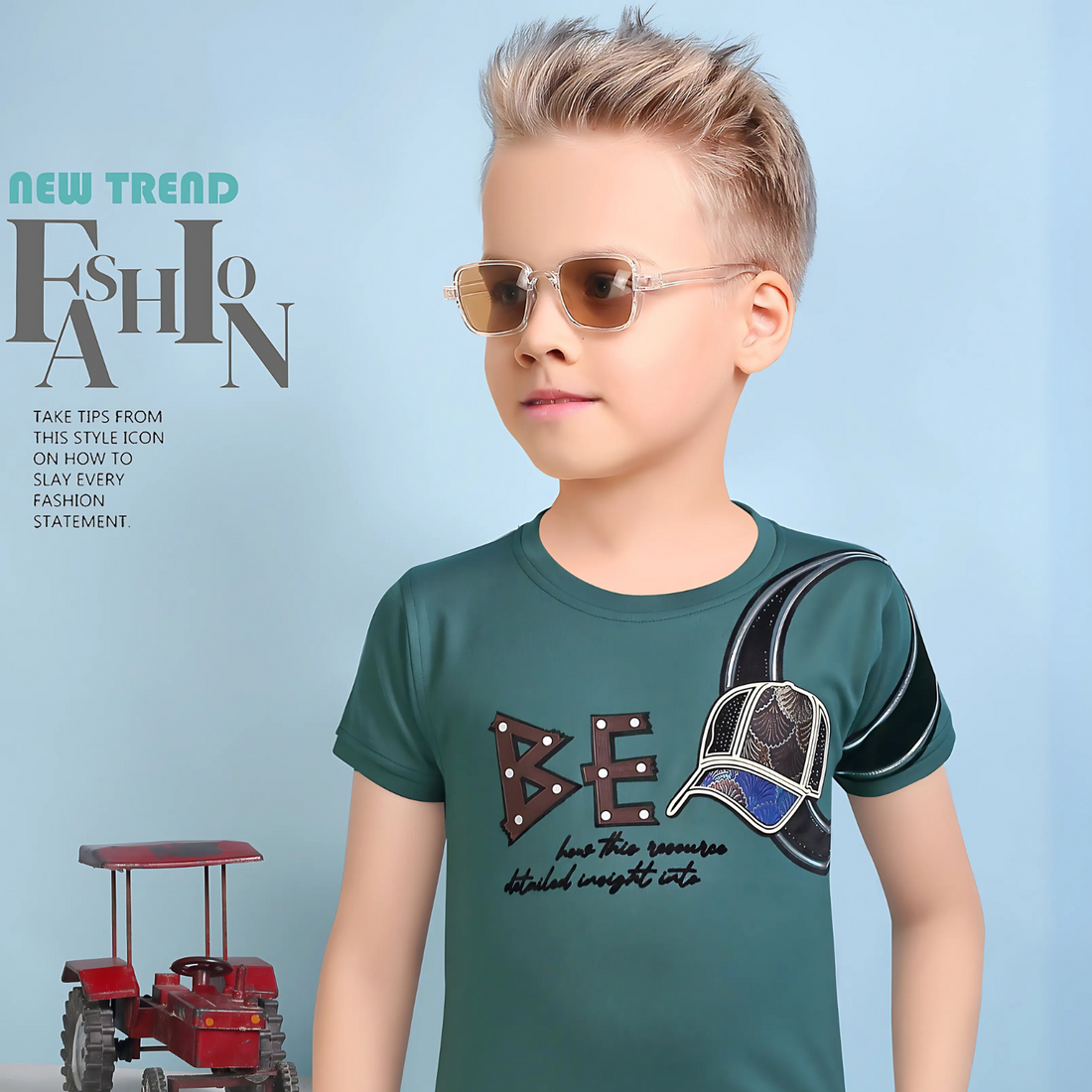 Boys Green Round Neck Half Sleeve T-Shirt