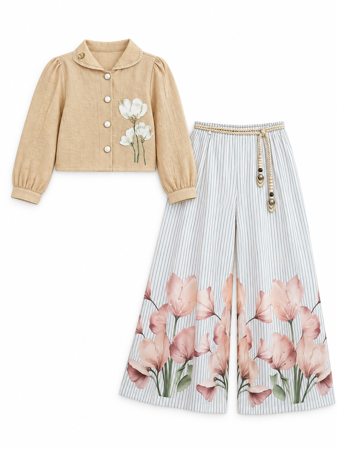 Girls Fawn Floral Top and Tulip Print Palazzo Pants Set