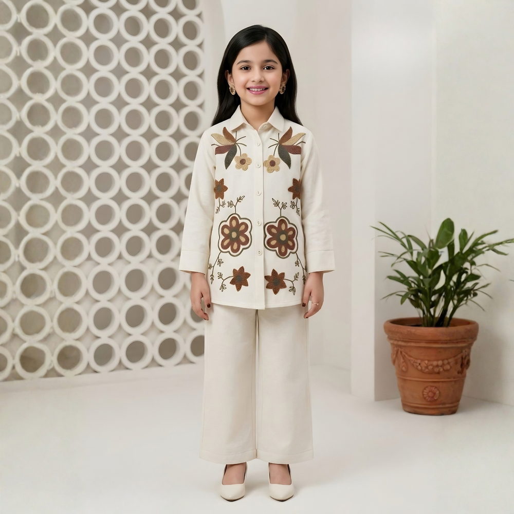 Girls Floral Printed Shirt & Pants Co-Ord Set