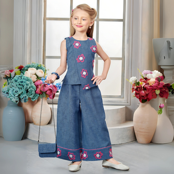 Girls Western Palazzo Set With Sling Bag