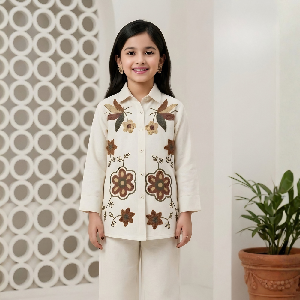 Girls Floral Printed Shirt & Pants Co-Ord Set