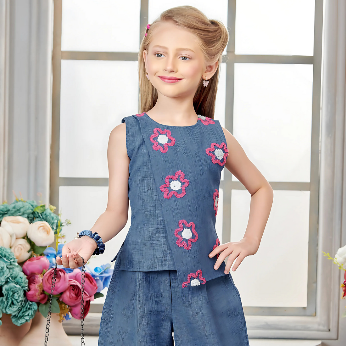 Girls Western Palazzo Set With Sling Bag