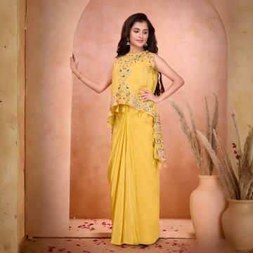 Yellow Embellished Drape Saree Set