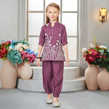 Purple Trendy Girls Floral Printed Co-ord Set