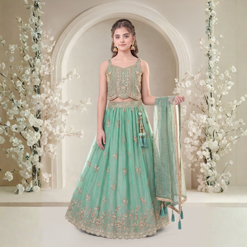 Green Floral Embroidered Lehenga Choli with Dupatta for Girls