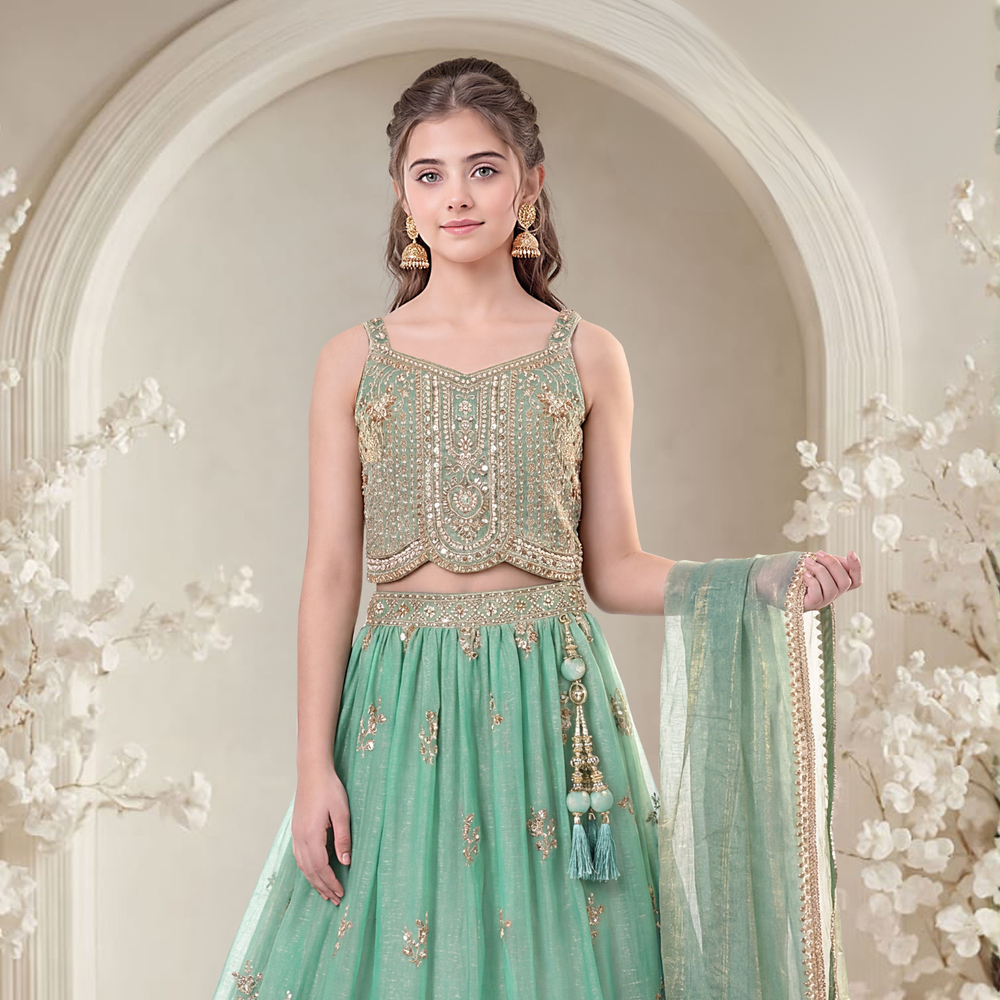 Green Floral Embroidered Lehenga Choli with Dupatta for Girls