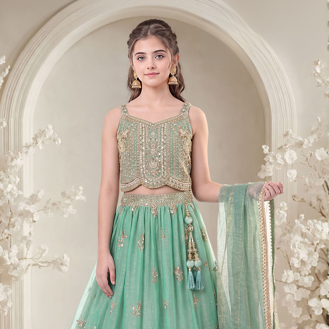 Green Floral Embroidered Lehenga Choli with Dupatta for Girls
