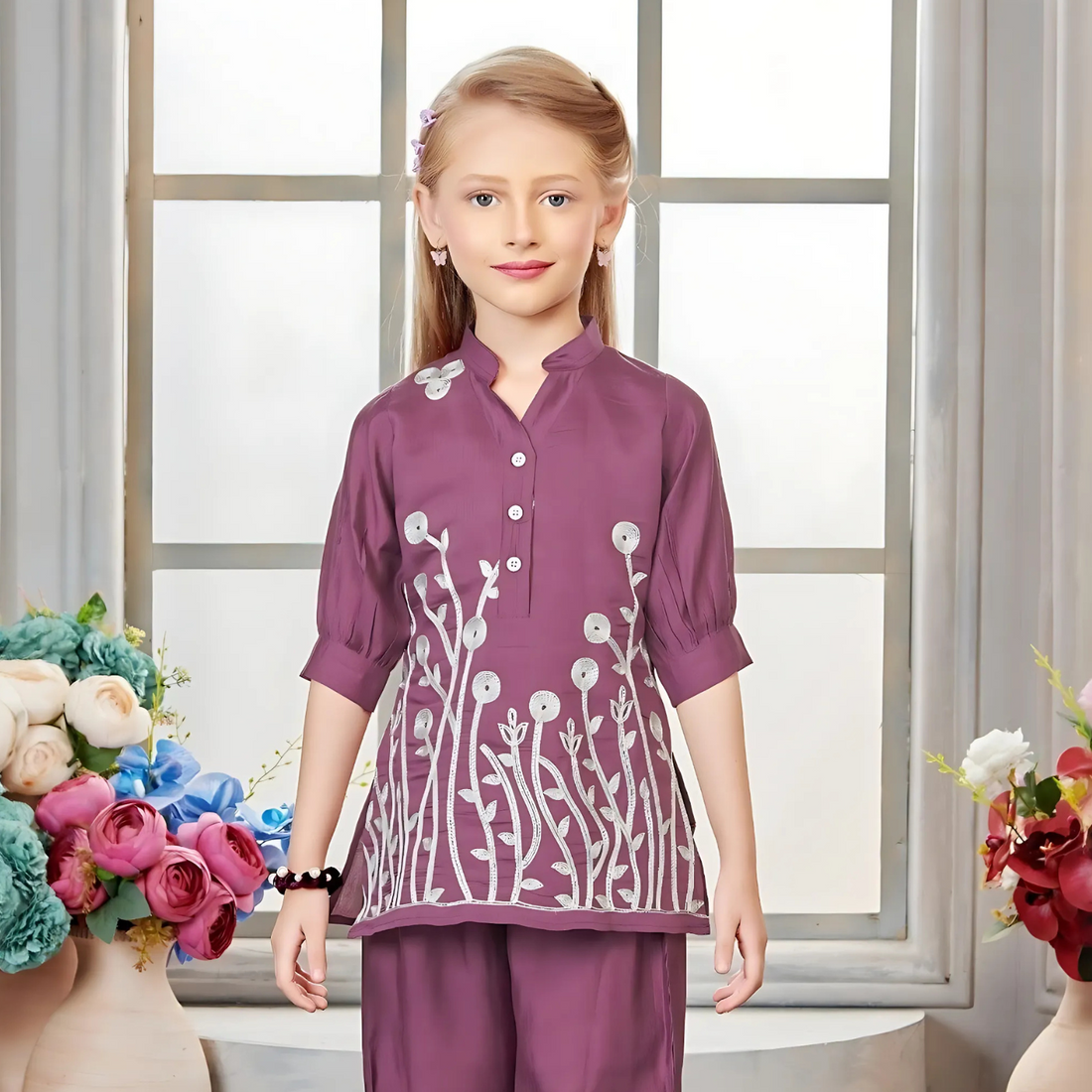 Purple Trendy Girls Floral Printed Co-ord Set