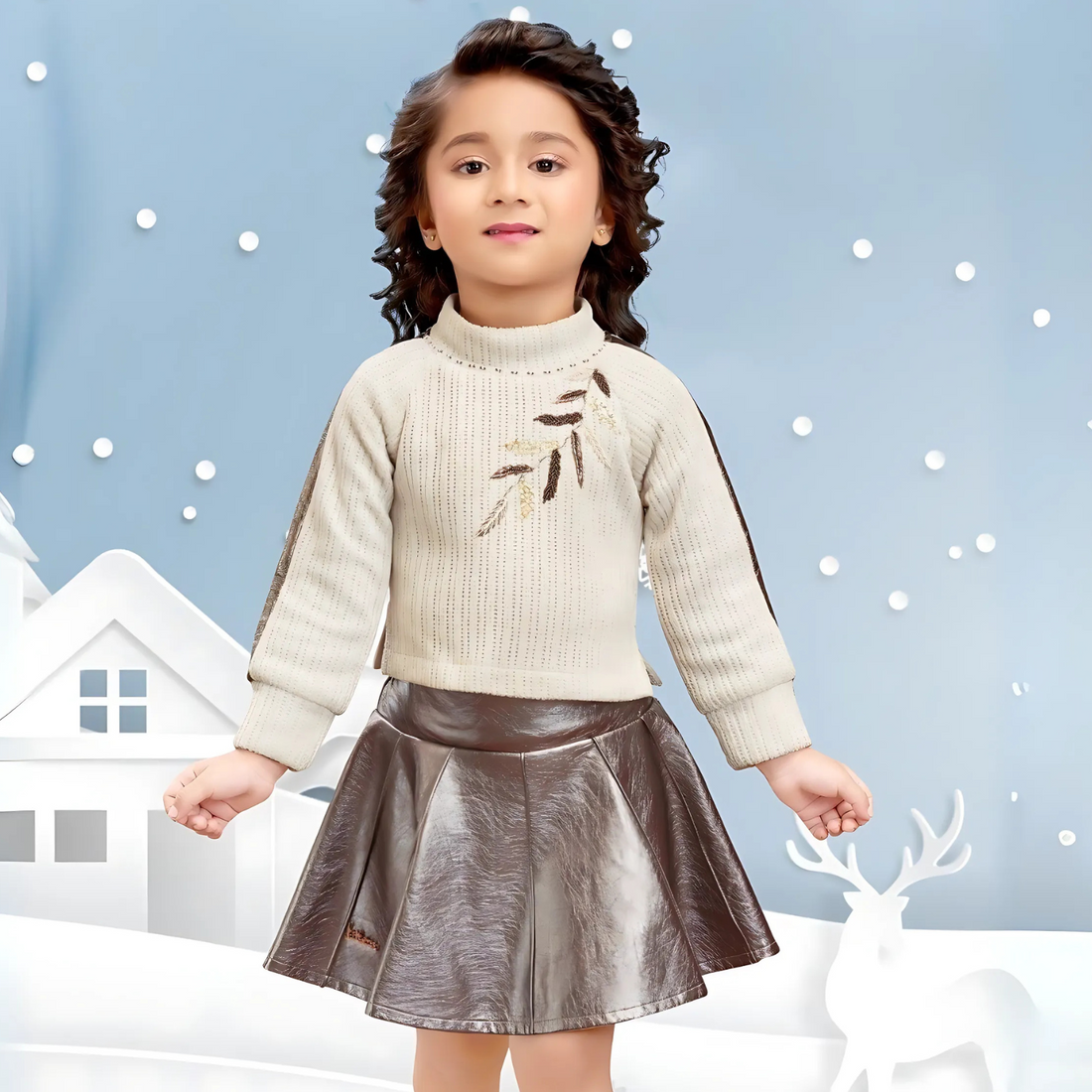 Girls Western Cream Skirt & Blouse