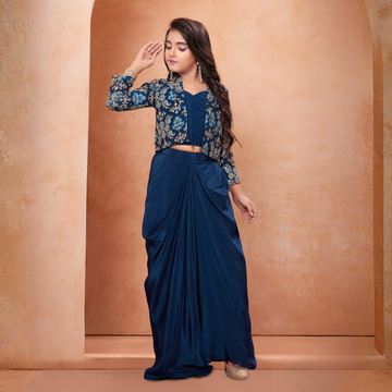 Midnight Blue Jacket and Drape Skirt Set