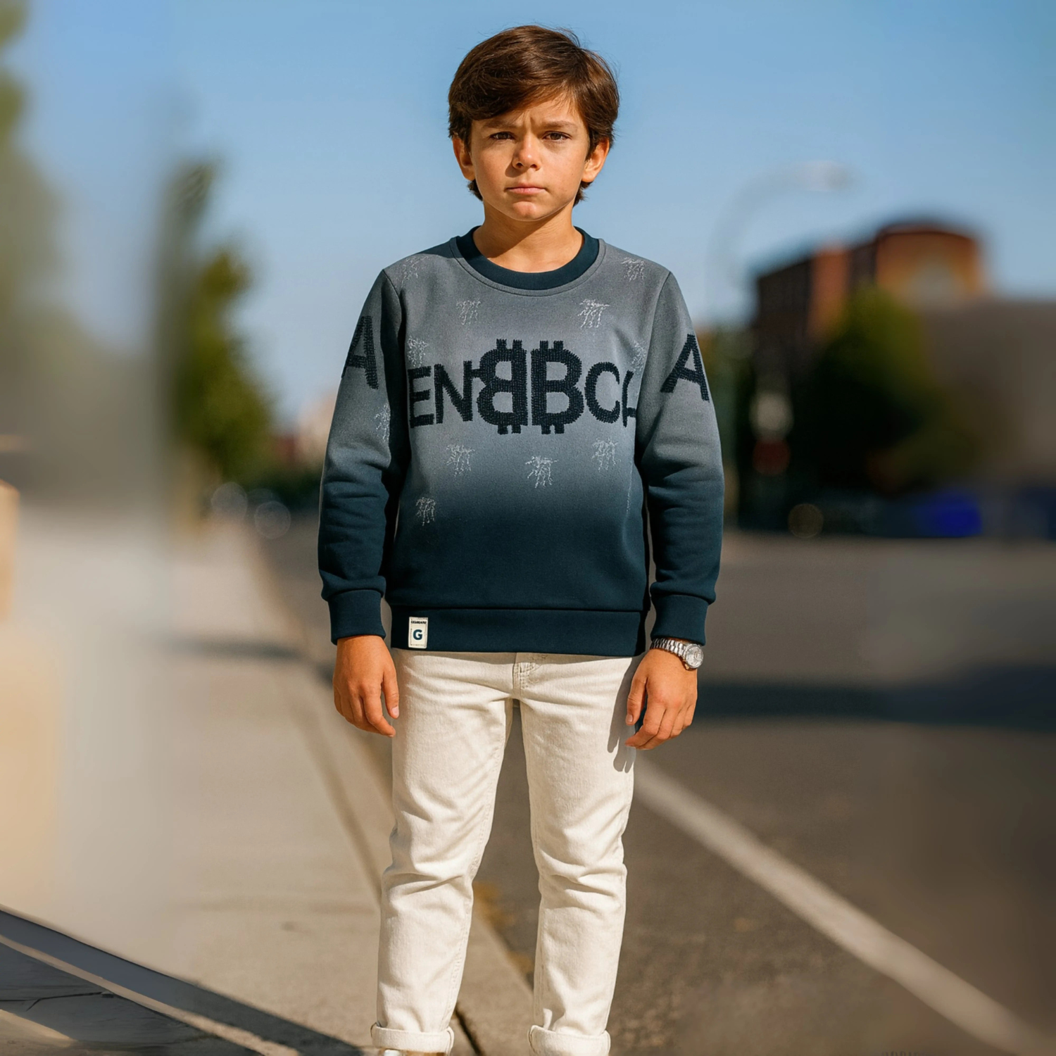 Boys Blue Printed Full Sleeves T-Shirt
