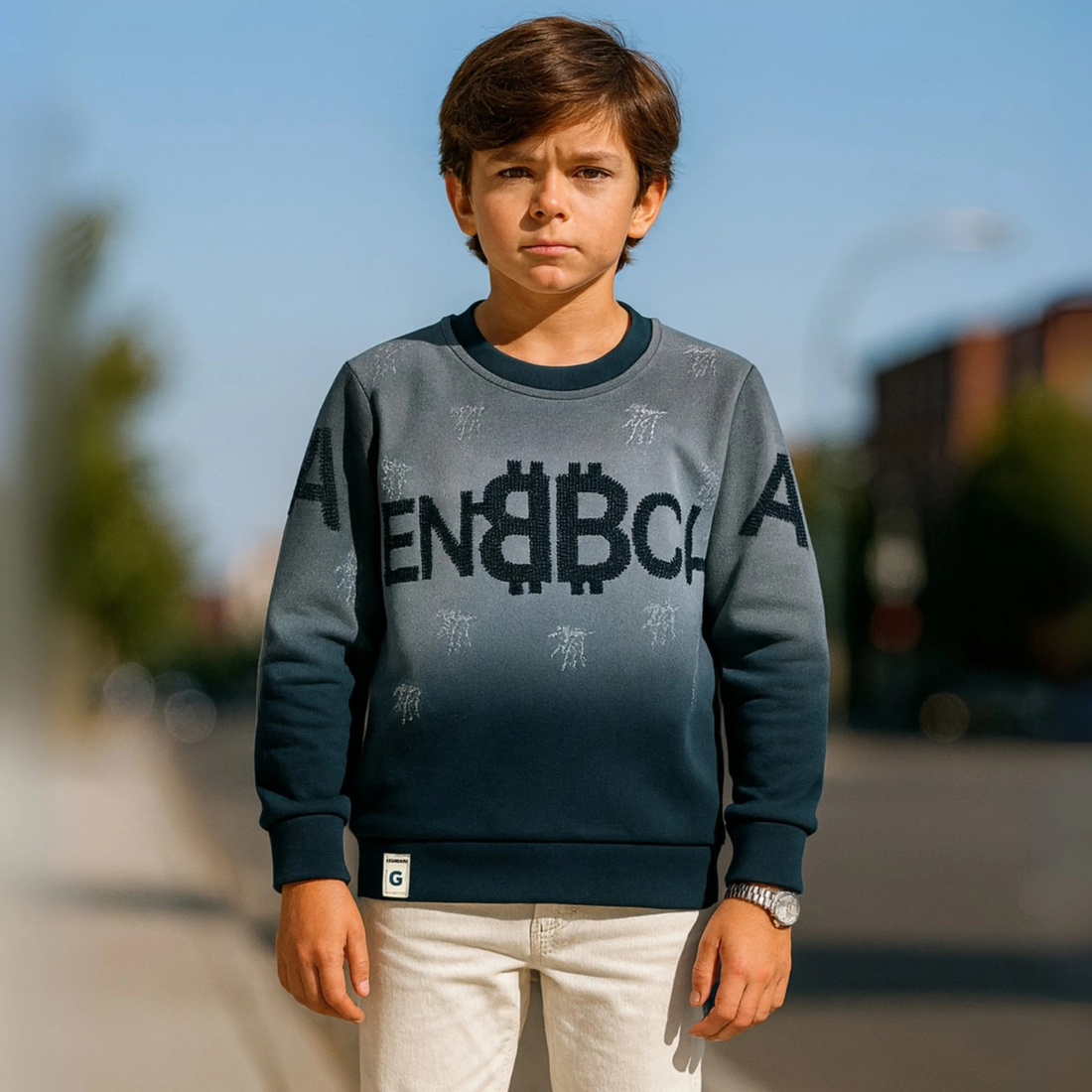 Boys Blue Printed Full Sleeves T-Shirt