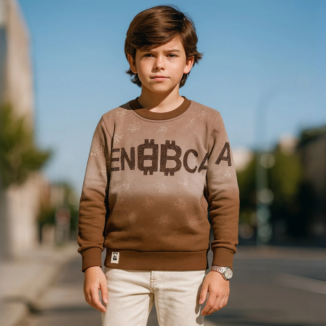 Boys Brown Printed Full Sleeves T-Shirt