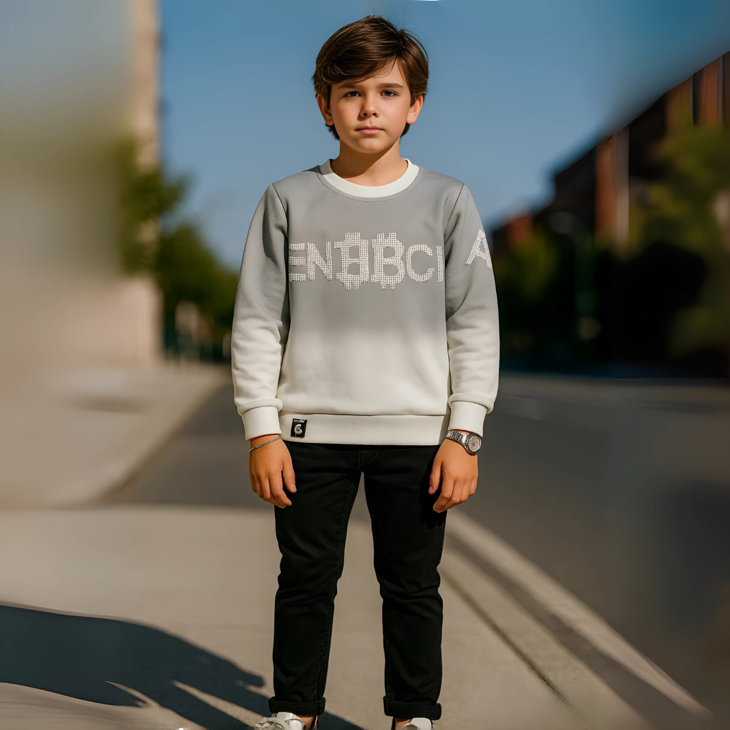 Boys White Printed Full Sleeves T-Shirt