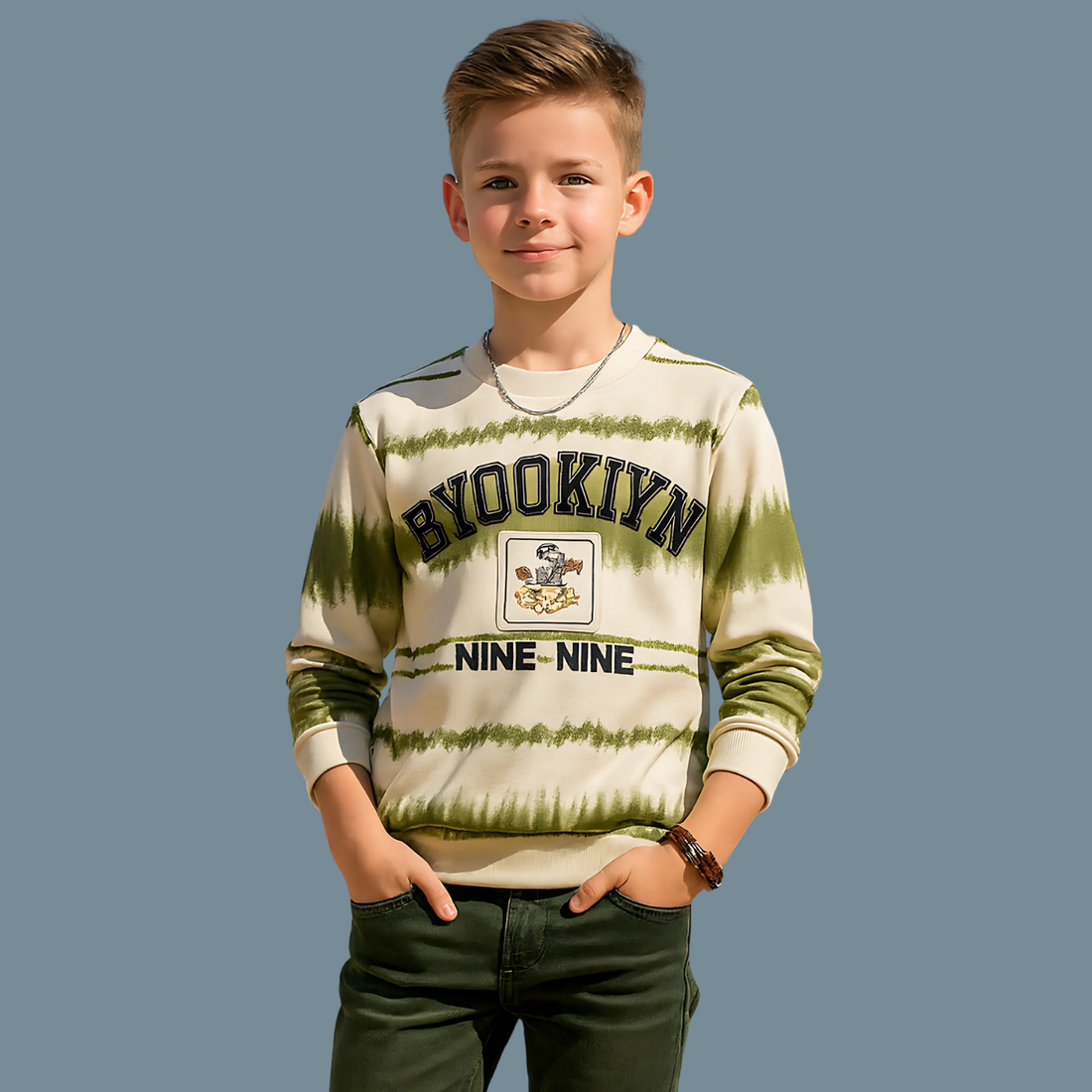 Boys Olive Printed Full Sleeve T-shirt