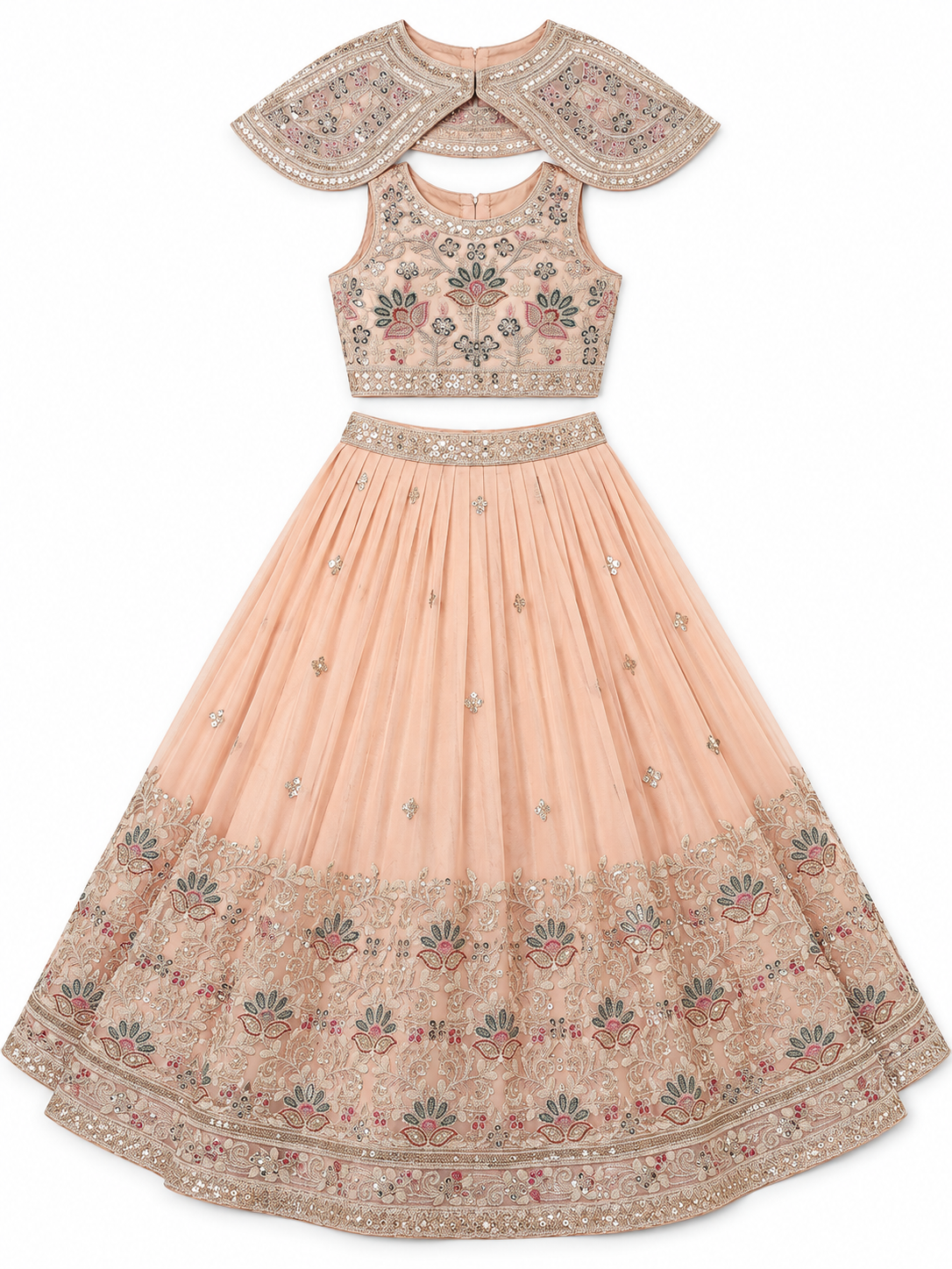 Girls Peach Embroidered Lehenga Choli with Cape