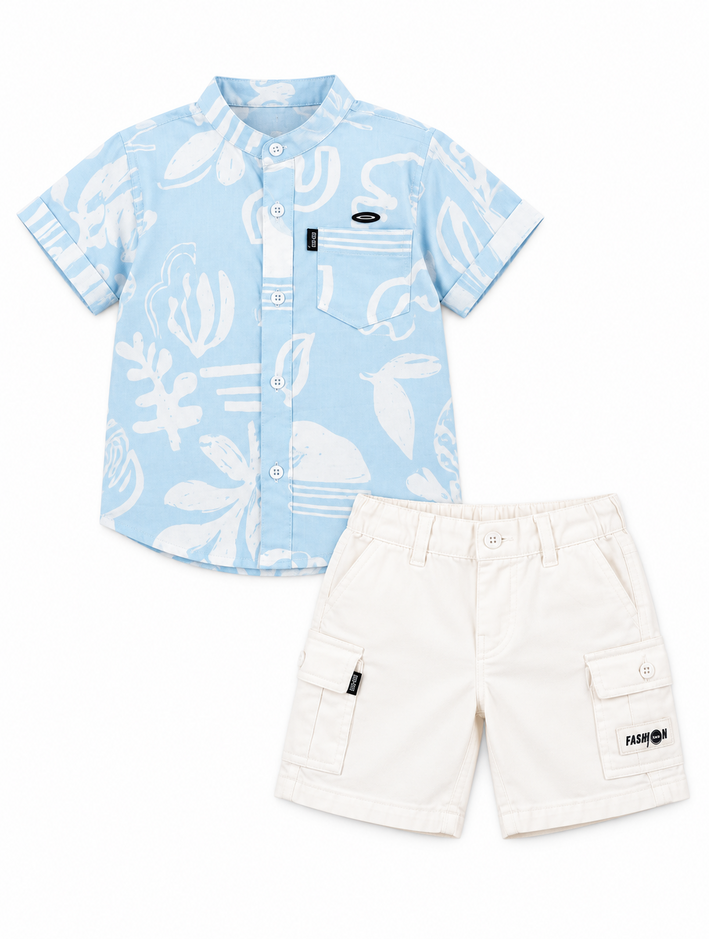 Boys Light Blue Abstract Print Shirt and Cream Cargo Shorts Set