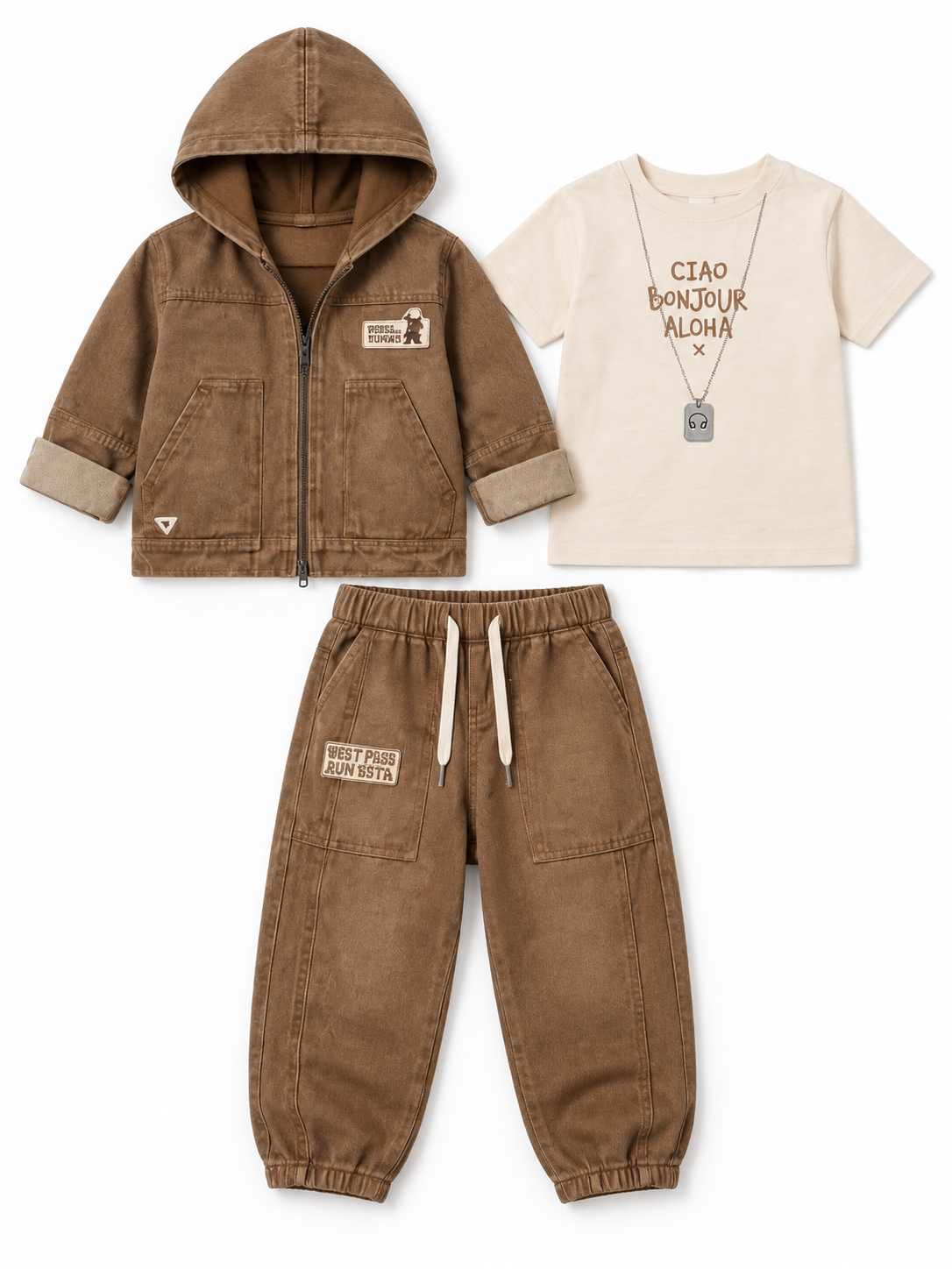 Boys Khaki Hooded Jacket, Graphic T-shirt and Cargo Pants Set