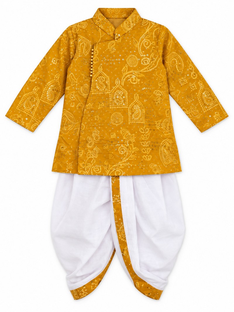 Boys Mustard Printed Kurta and White Dhoti Set