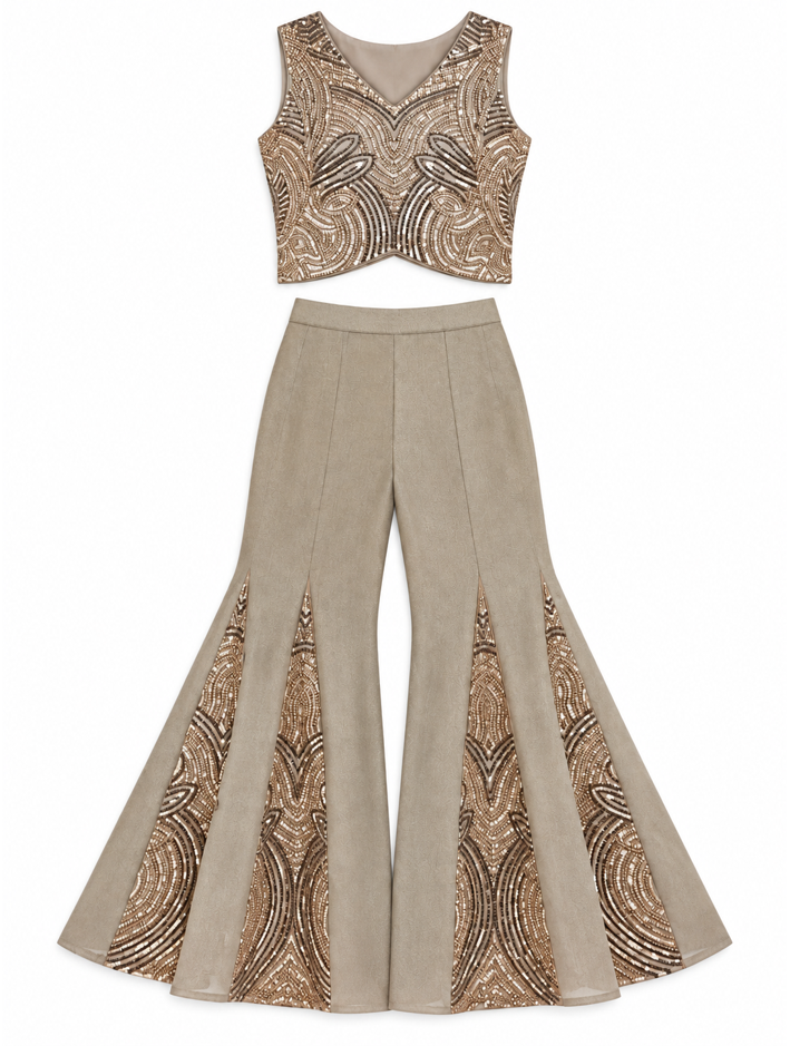 Girls Fawn Embroidered Crop Top and Flared Palazzo Pants Set (Shoes Not Included)