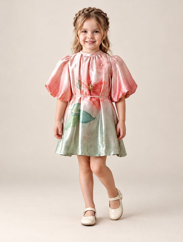 Girls Peach Floral Satin Frock with Puff Sleeves