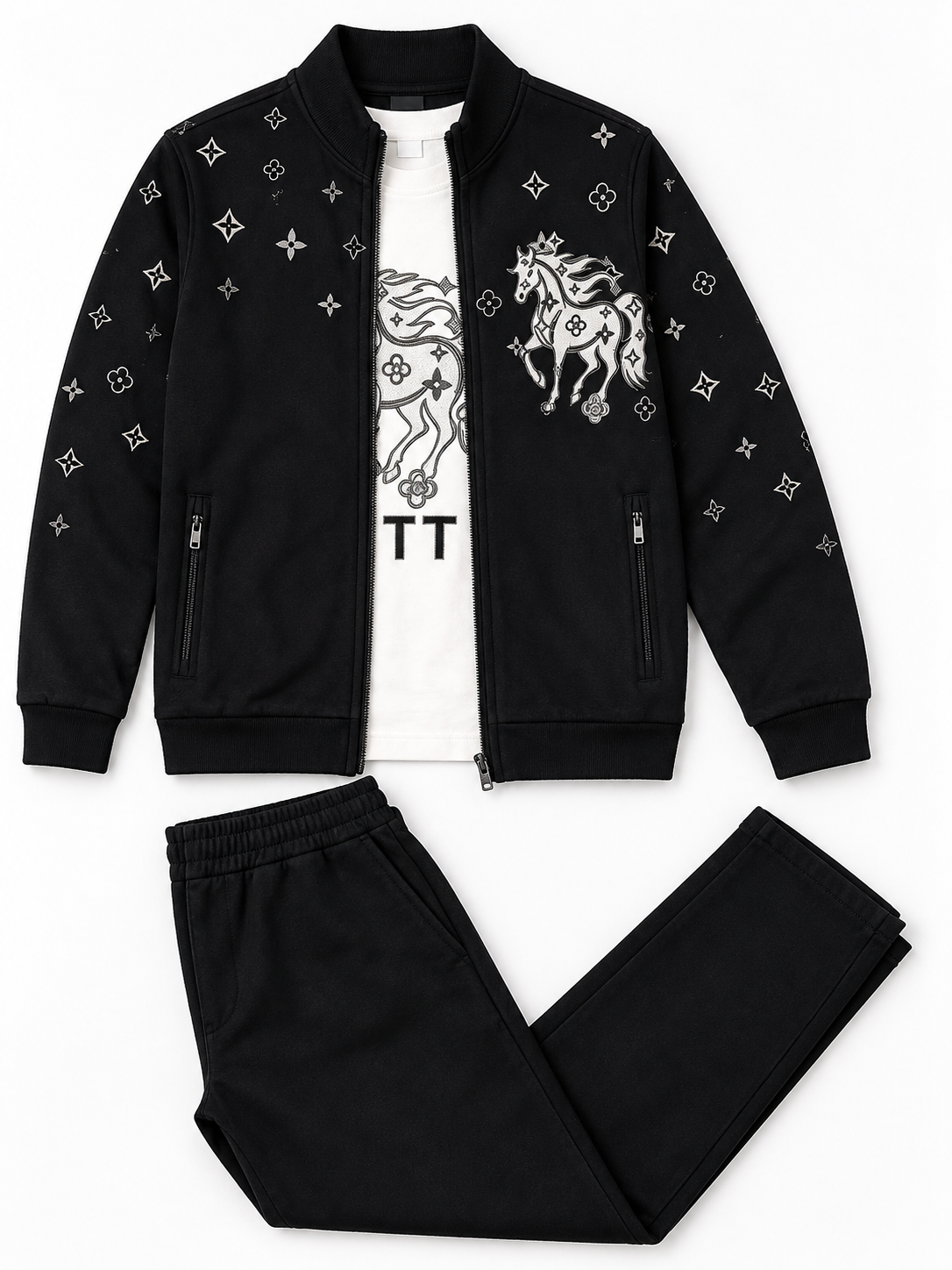Boys Black Printed Jacket with T-Shirt