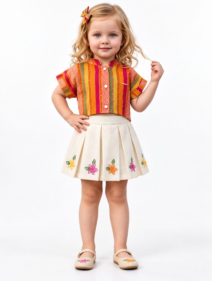 Girls Striped Crop Top and Embroidered Pleated Skirt Set