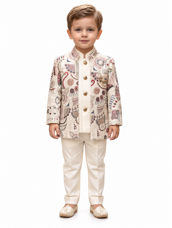 Boys Cream Patterned Jacket, Kurta and Trouser Set