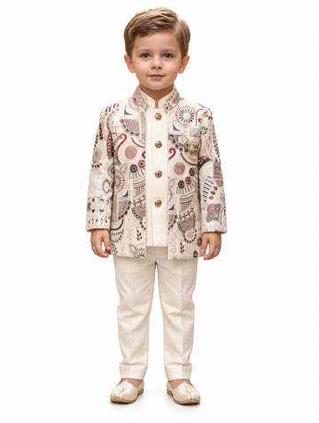 Boys Cream Patterned Jacket, Kurta and Trouser Set