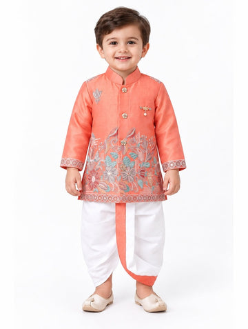 Boys Orange Patterned Kurta and Dhoti Set