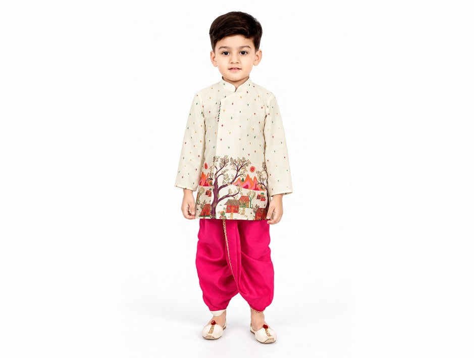 Boys Multi Printed Kurta and Pink Dhoti Set (Shoes Not Included)