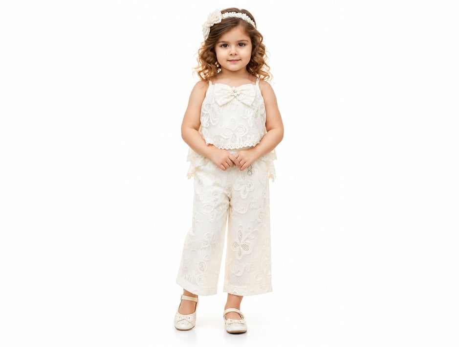 Girls Cream Floral Lace Bow Top and Palazzo Pants Set (Shoes Not Included)
