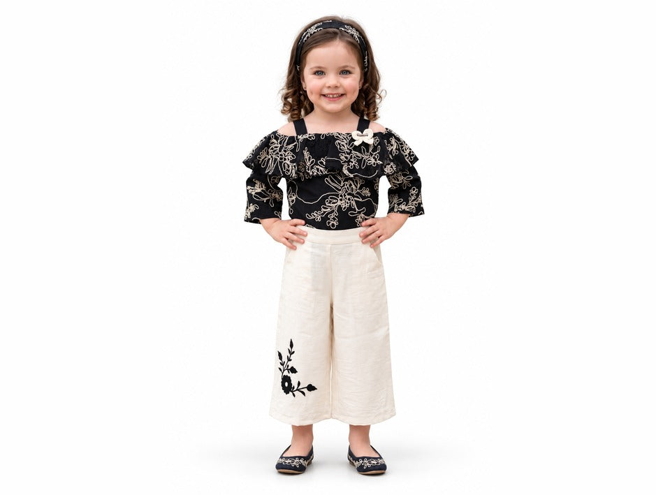 Girls Black Embroidered Cold-Shoulder Top and Cream Culottes Set (Shoes Not Included)