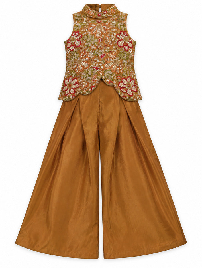 Girls Rust Embroidered Kurta with Palazzo Set