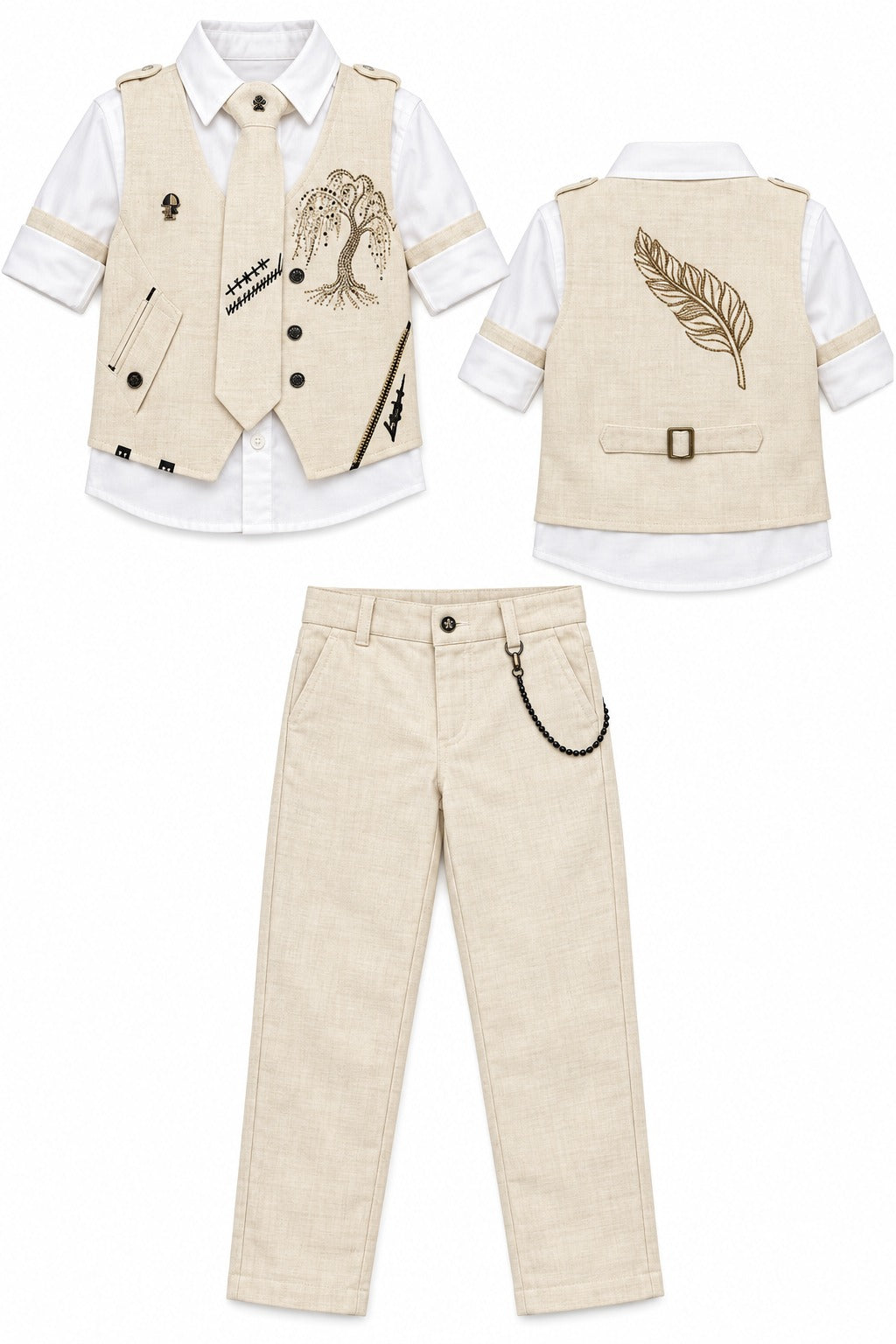 Boys Fawn Embroidered Waistcoat, White Shirt and Pants Set (Shoes Not Included)