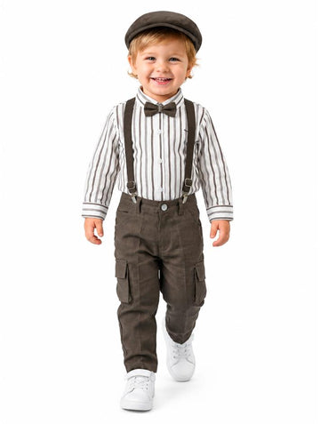Boys Striped Shirt and Brown Pants Set with Bow Tie and Suspenders (Shoes Not Included)